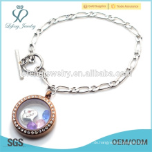 Kundenspezifischer Edelstahl 1: 1 NK Kette schwimmende locket Armband, Silber &amp; Schokolade Locket Armband